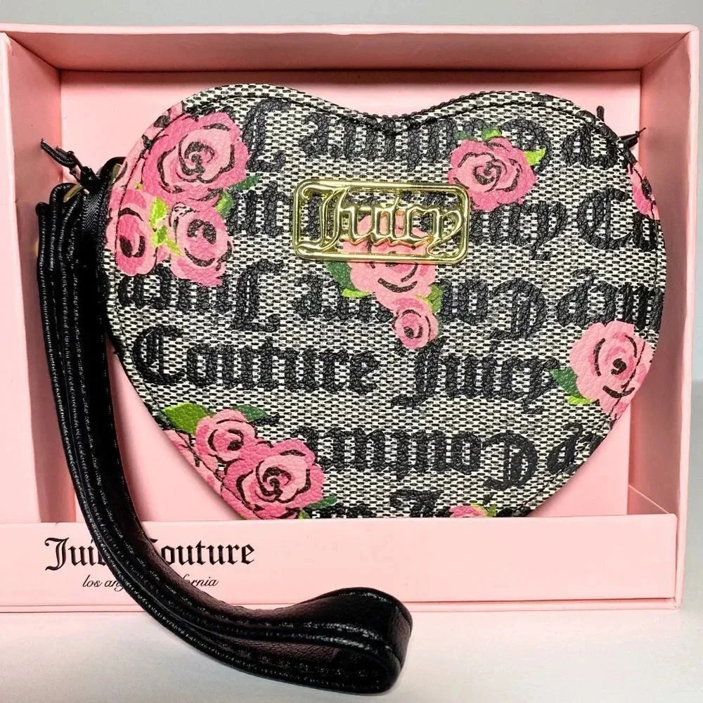 Juicy Couture Black Blossoms Heart Wristlet & Pom Pom Keychain Charm Gift Set - Picture 3 of 8